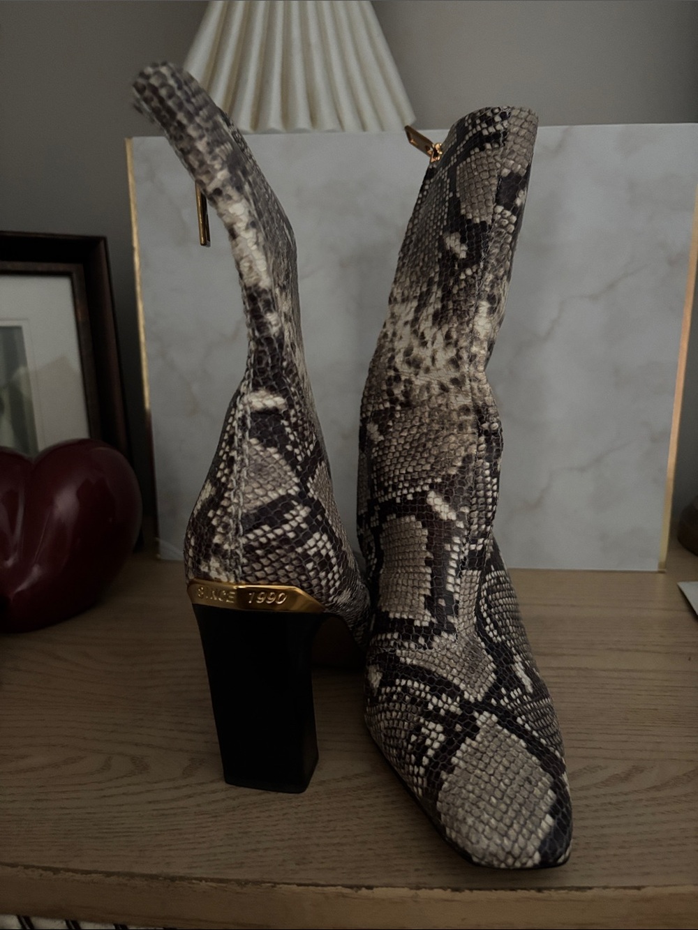 Franco Sarto Taupe and Black Snake-Print Pointed Block Heel Boots